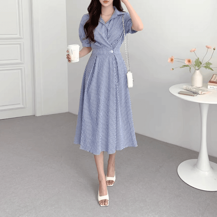 骨格ストレートパフスリーブストライプシャツワンピース