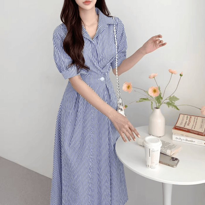 骨格ストレートパフスリーブストライプシャツワンピース