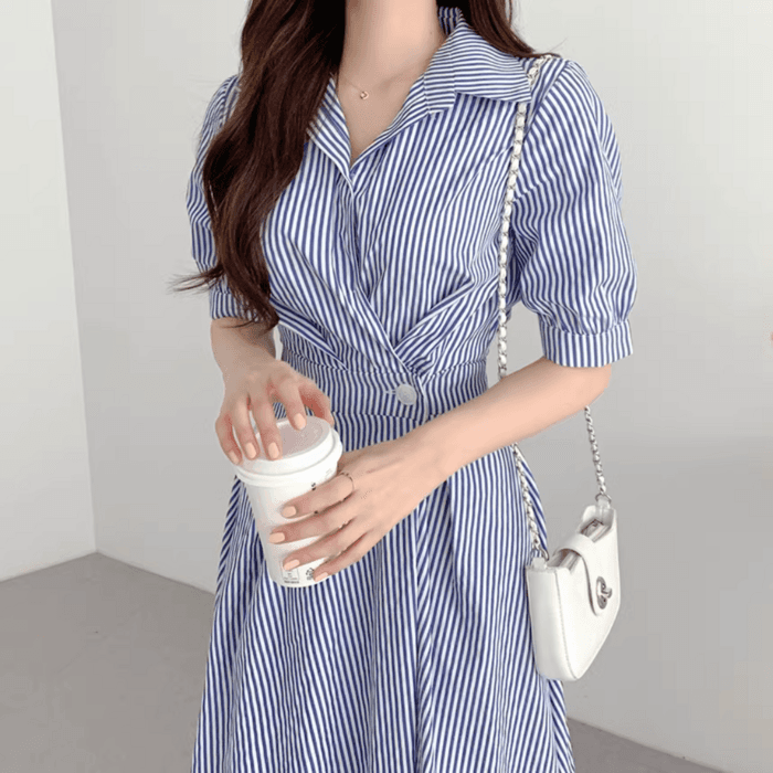 骨格ストレートパフスリーブストライプシャツワンピース