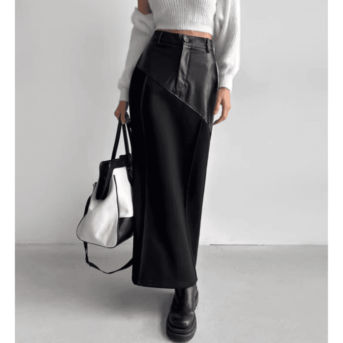 骨格ストレートPUレザーコルセットロングスカート