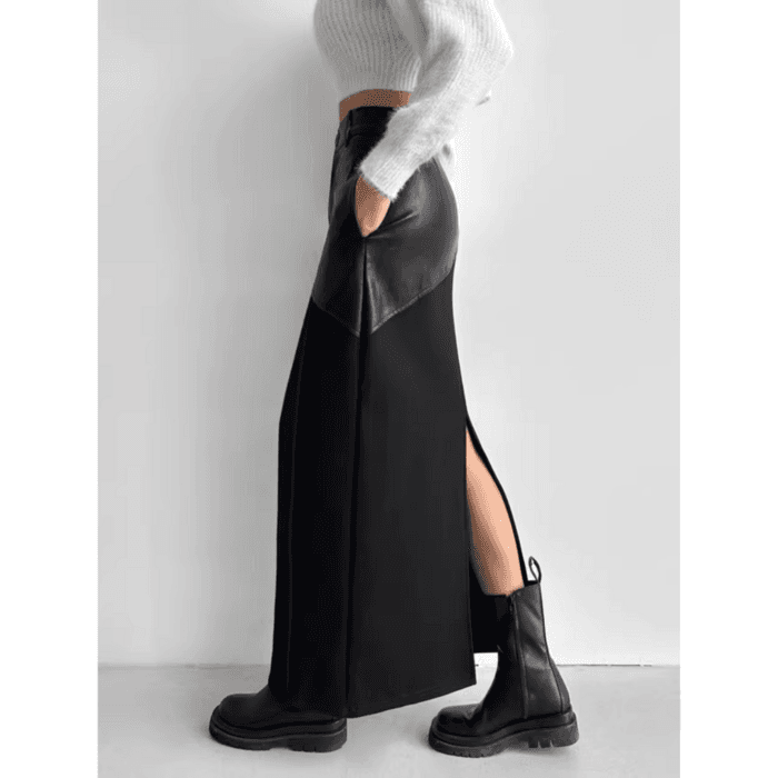 骨格ストレートPUレザーコルセットロングスカート