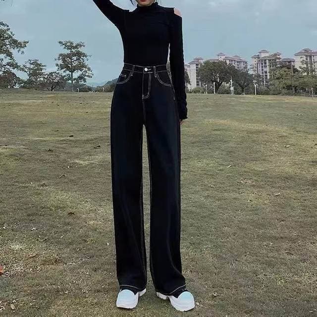 骨格ストレートステッチロングストレートデニム