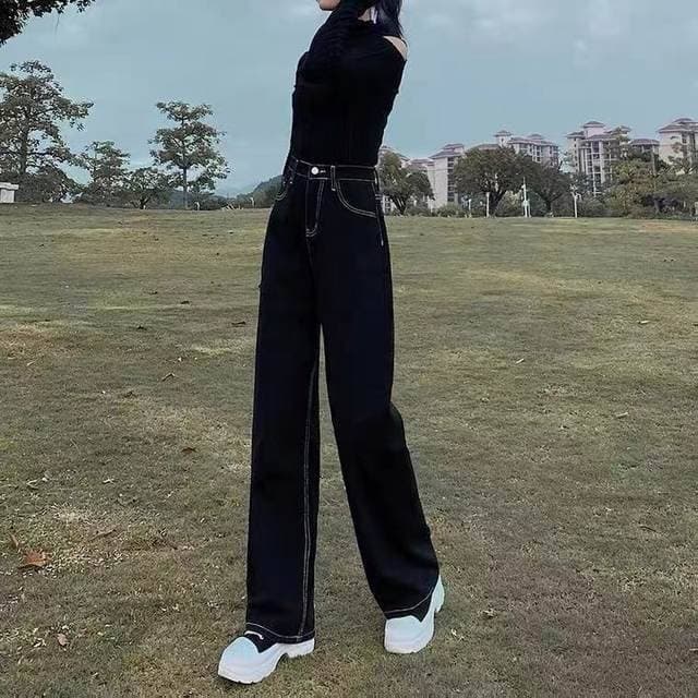 骨格ストレートステッチロングストレートデニム