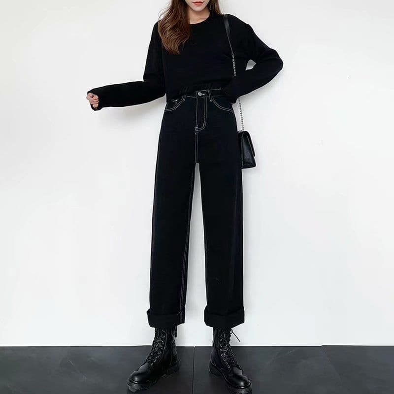 骨格ストレートステッチロングストレートデニム