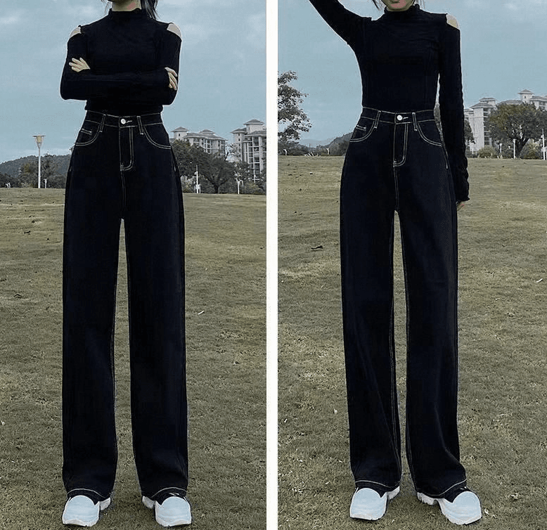 骨格ストレートステッチロングストレートデニム