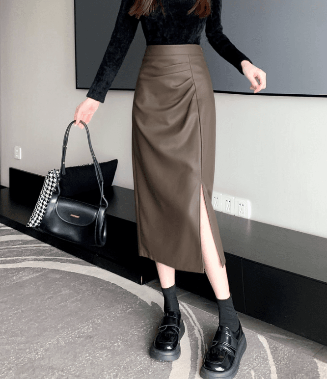 骨格ストレートPUレザーサイドスカート