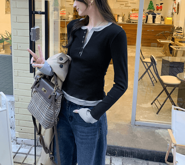 骨格ストレートヘンリーネックレイヤードリブトップス