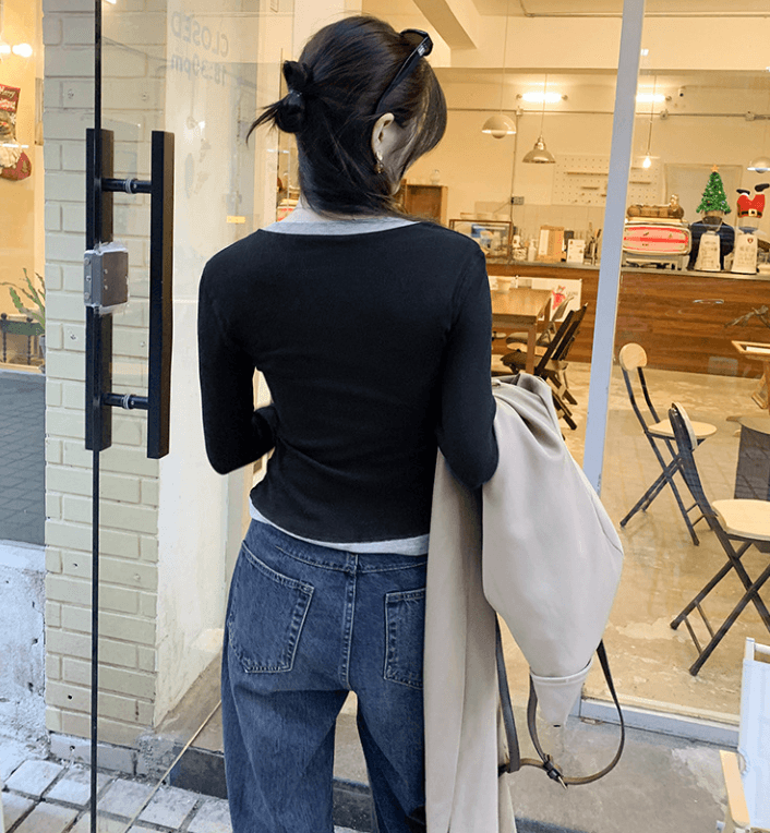 骨格ストレートヘンリーネックレイヤードリブトップス
