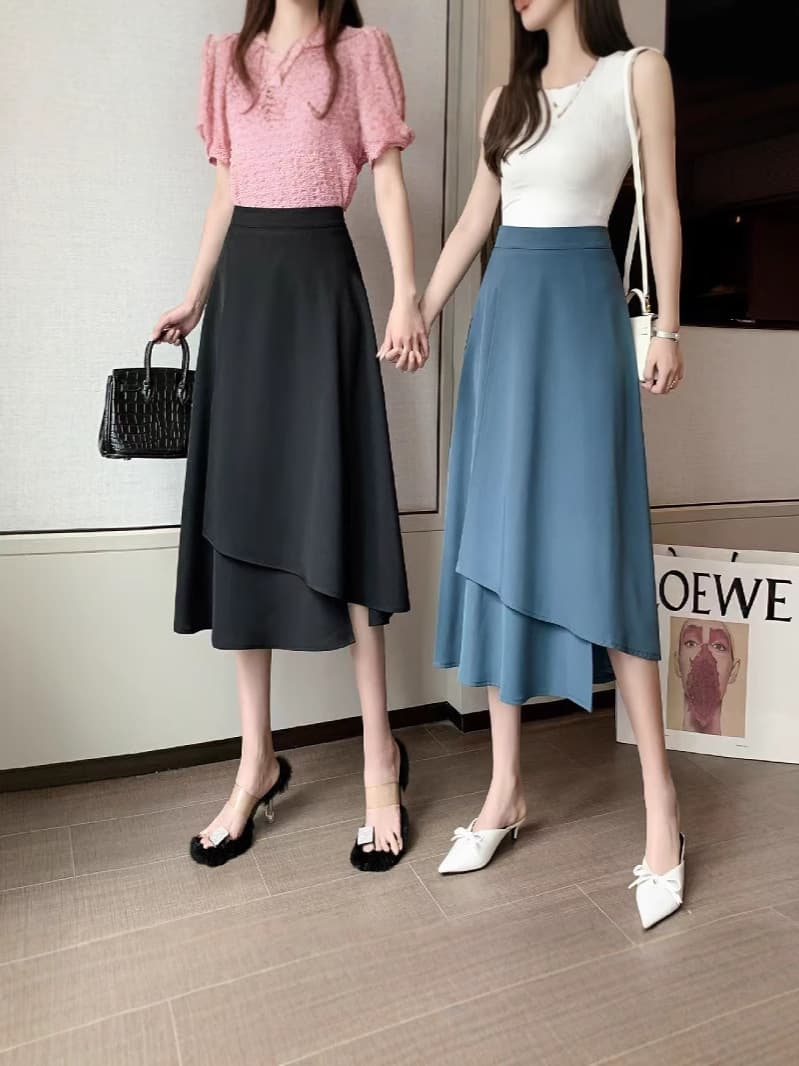 骨格ストレート膝下丈アシンメトリーフレアスカート