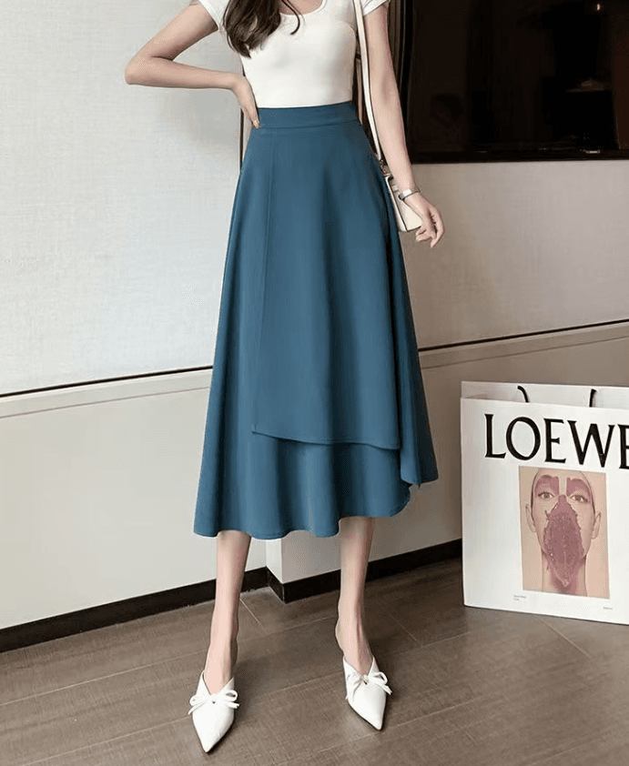 骨格ストレート膝下丈アシンメトリーフレアスカート
