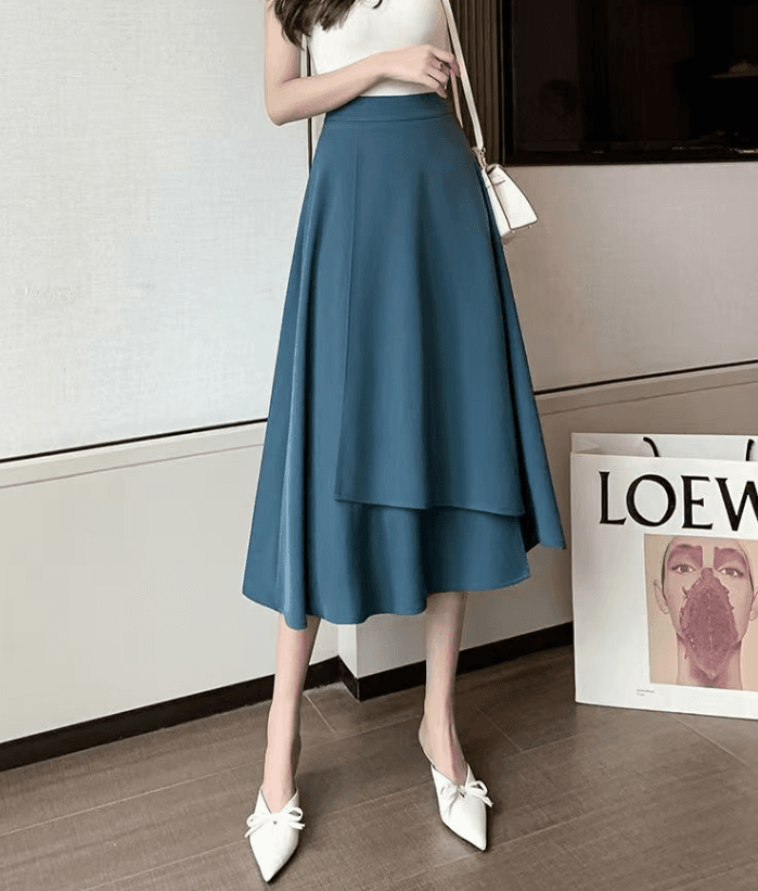 骨格ストレート膝下丈アシンメトリーフレアスカート