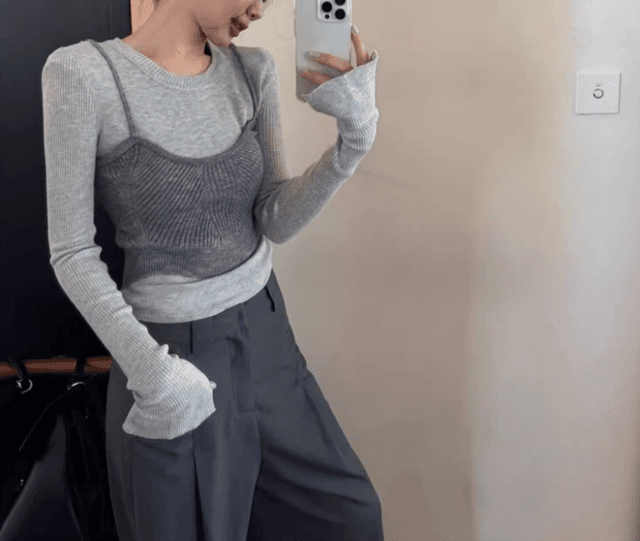 骨格ストレート肩パット付レイヤードキャミトップス