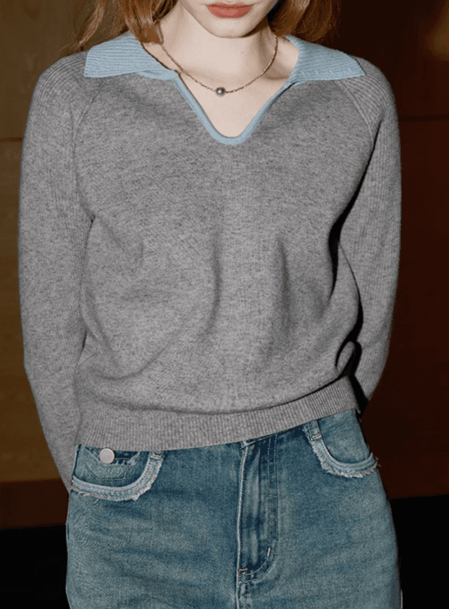 骨格ストレートVネック襟付きレイヤードニット