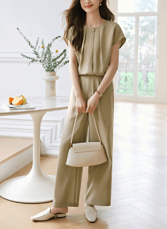 骨格ストレートフレンチスリーブブラウスパンツセットアップスーツ