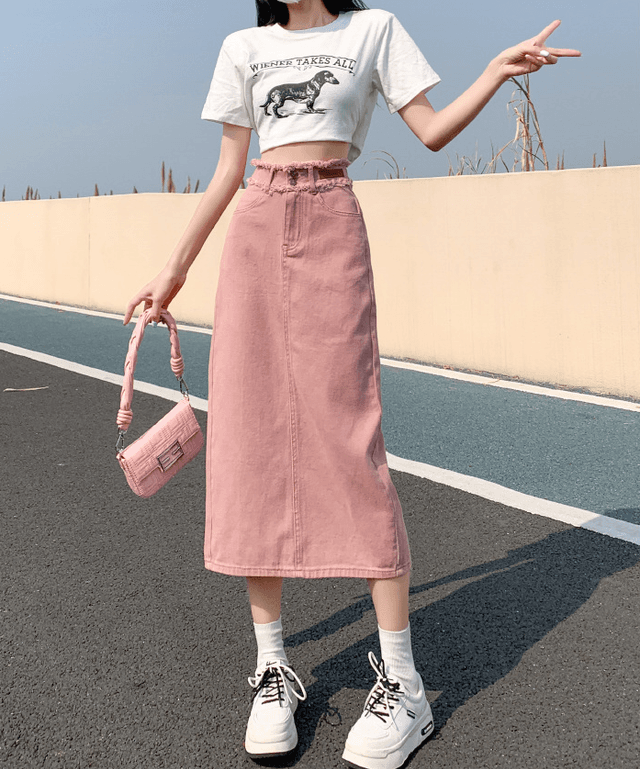 骨格ストレートダーティピンクデニムスカート