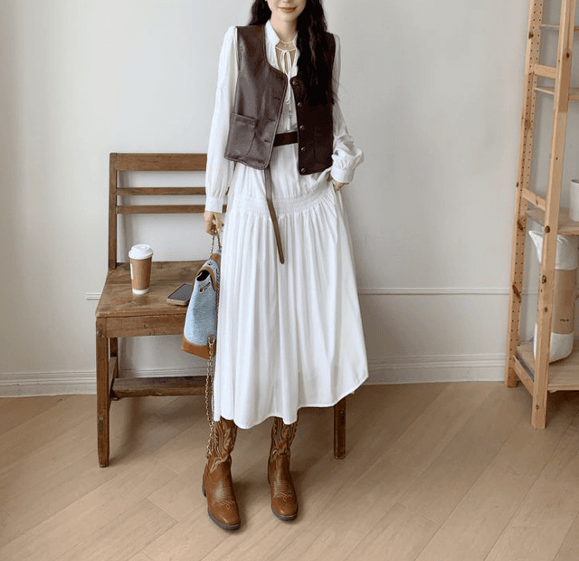 骨格ストレートPUレザーベスト付ロングワンピースセット