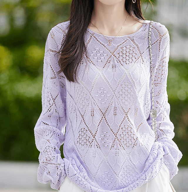 骨格ストレートボートネックレース編みニットトップス