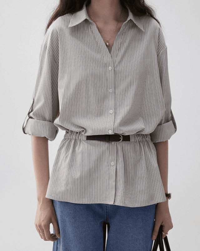 骨格ストレートストライプドロストベルトブラウス