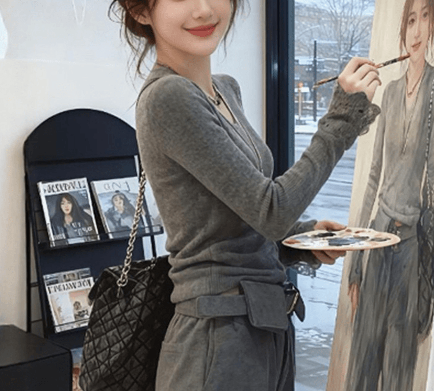 骨格ストレートVネックレースパッチニットトップス