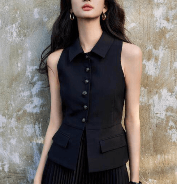 骨格ストレートウエストマークペプラムベストトップス