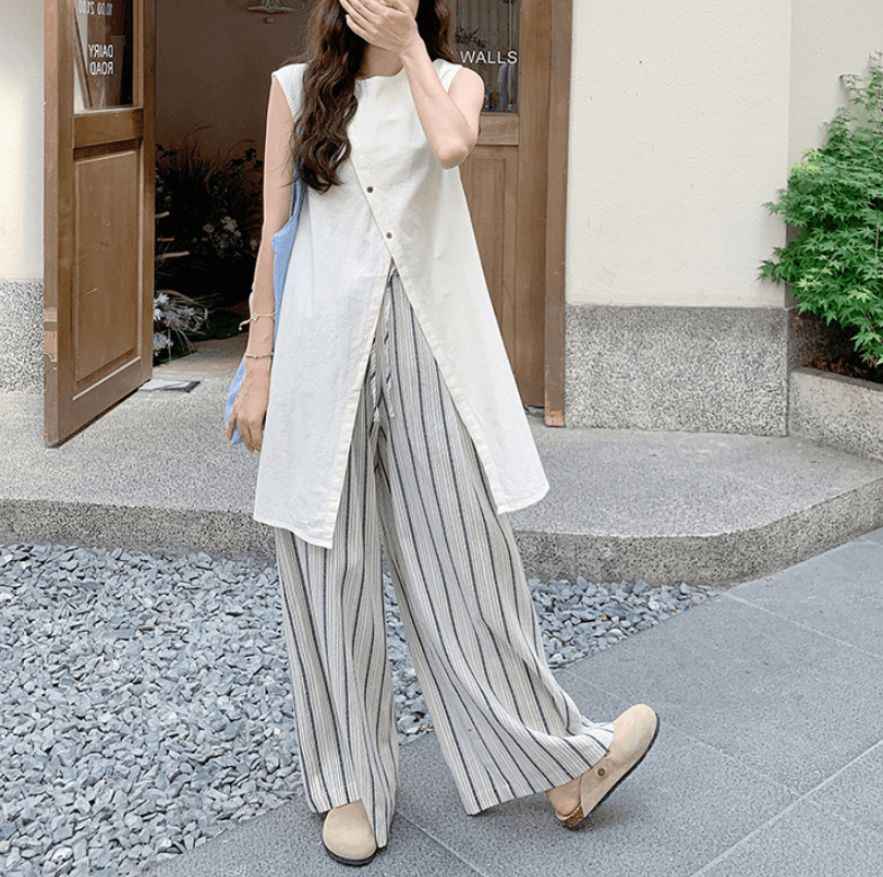 骨格ストレートサイドボタンロングジレ×ストライプワイドパンツセット