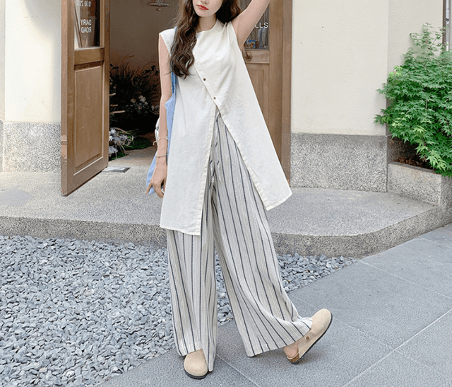 骨格ストレートサイドボタンロングジレ×ストライプワイドパンツセット