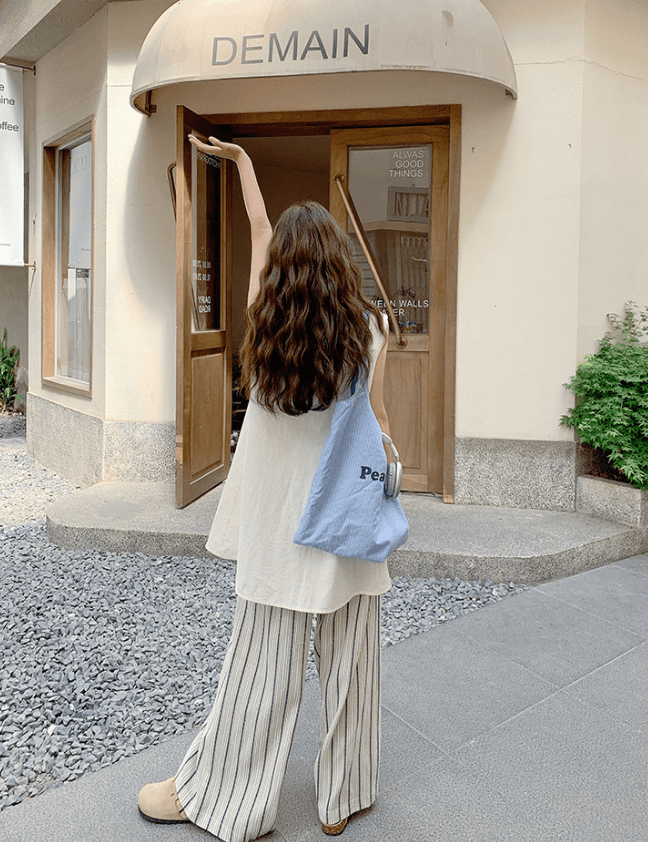 骨格ストレートサイドボタンロングジレ×ストライプワイドパンツセット