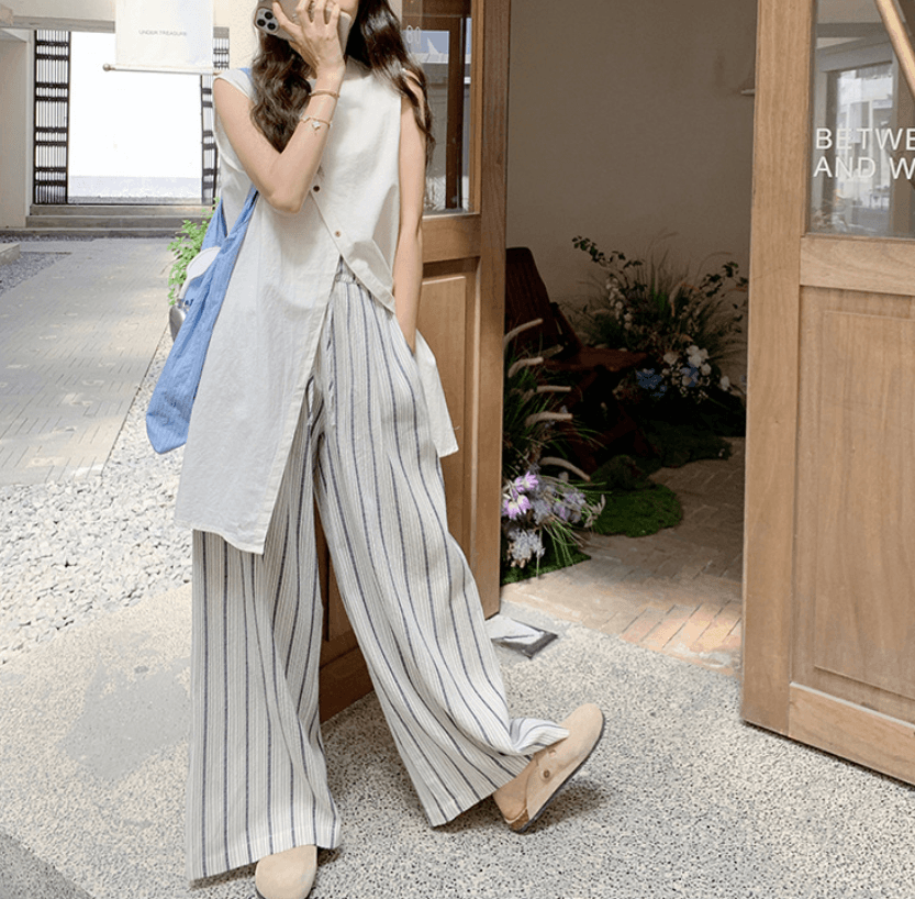 骨格ストレートサイドボタンロングジレ×ストライプワイドパンツセット