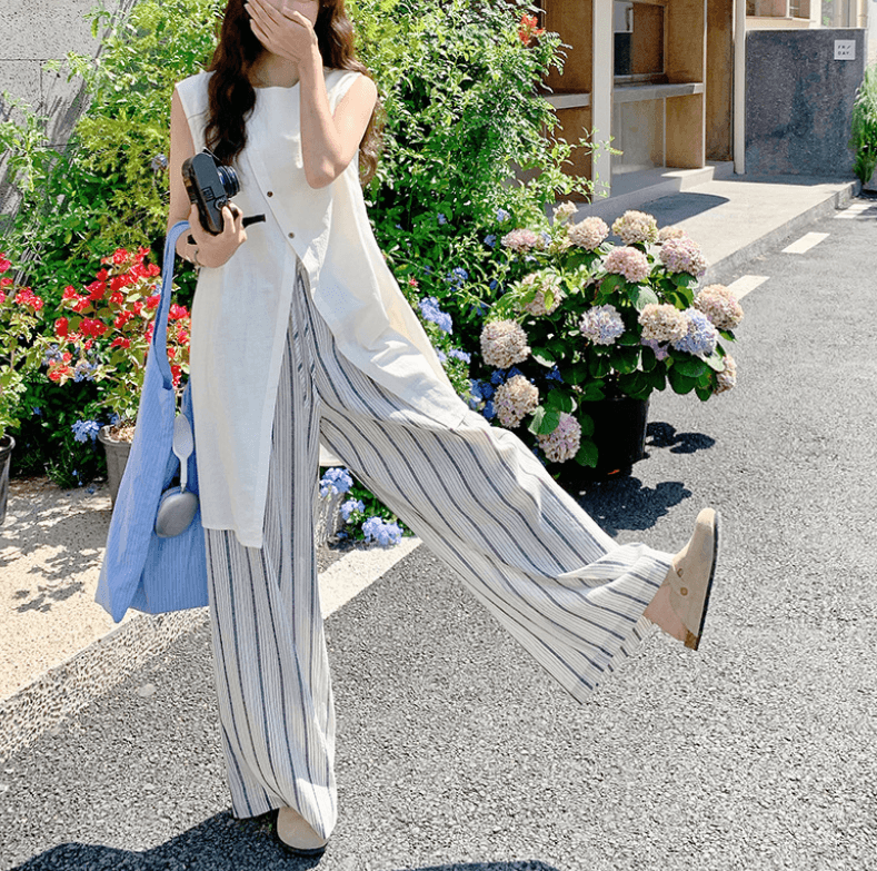 骨格ストレートサイドボタンロングジレ×ストライプワイドパンツセット
