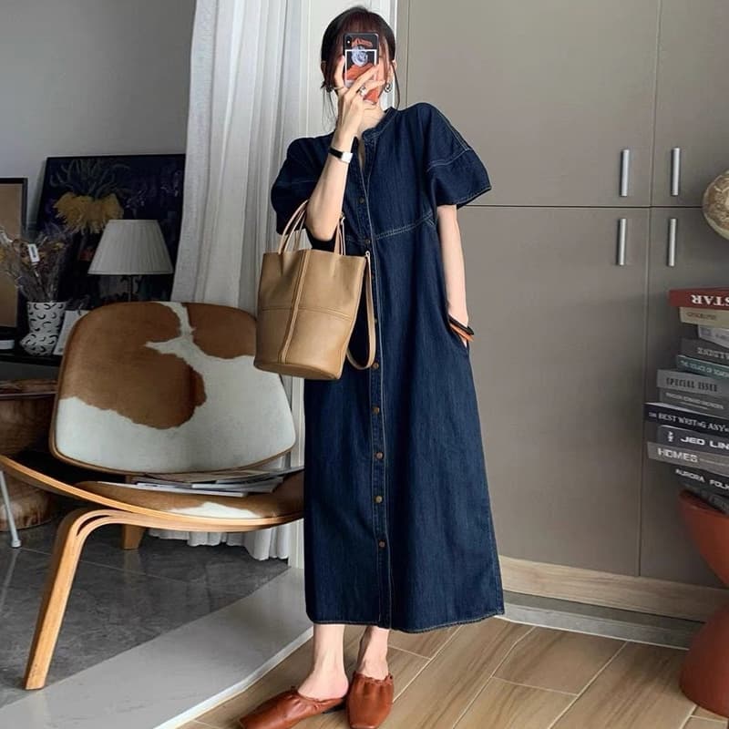 骨格ストレートキーネックロングデニムワンピース