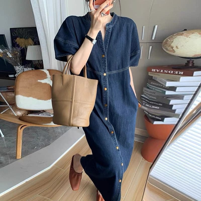 骨格ストレートキーネックロングデニムワンピース