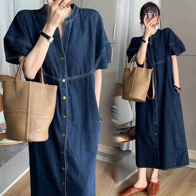 骨格ストレートキーネックロングデニムワンピース