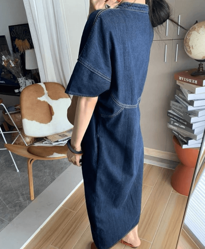 骨格ストレートキーネックロングデニムワンピース