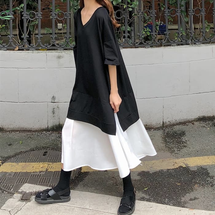 骨格ストレートレイヤード風VネックAライン切り替えワンピース