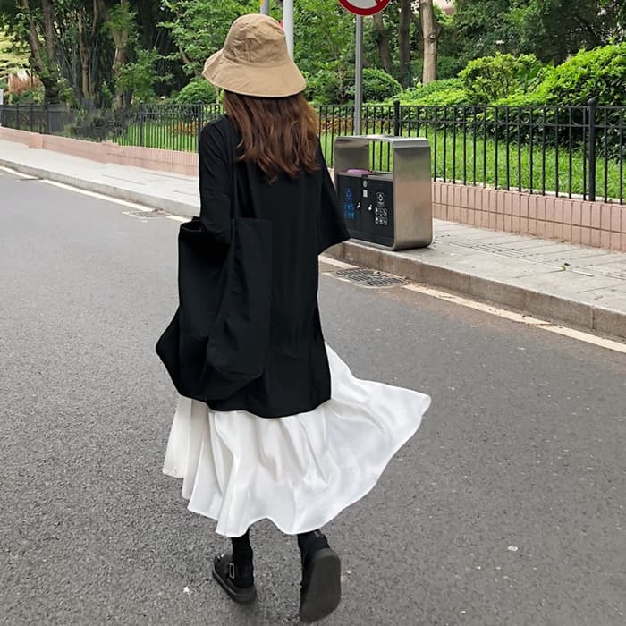 骨格ストレートレイヤード風VネックAライン切り替えワンピース