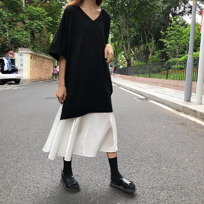 骨格ストレートレイヤード風VネックAライン切り替えワンピース