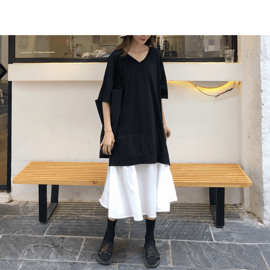 骨格ストレートレイヤード風VネックAライン切り替えワンピース