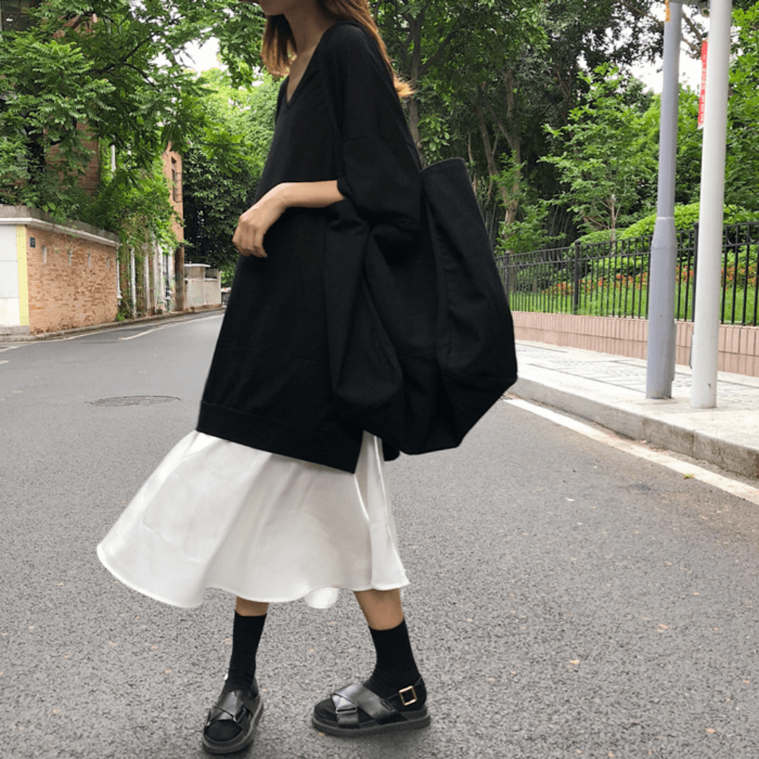 骨格ストレートレイヤード風VネックAライン切り替えワンピース