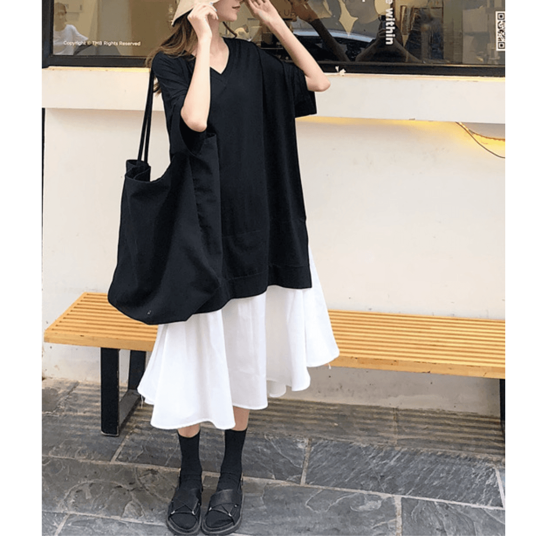骨格ストレートレイヤード風VネックAライン切り替えワンピース