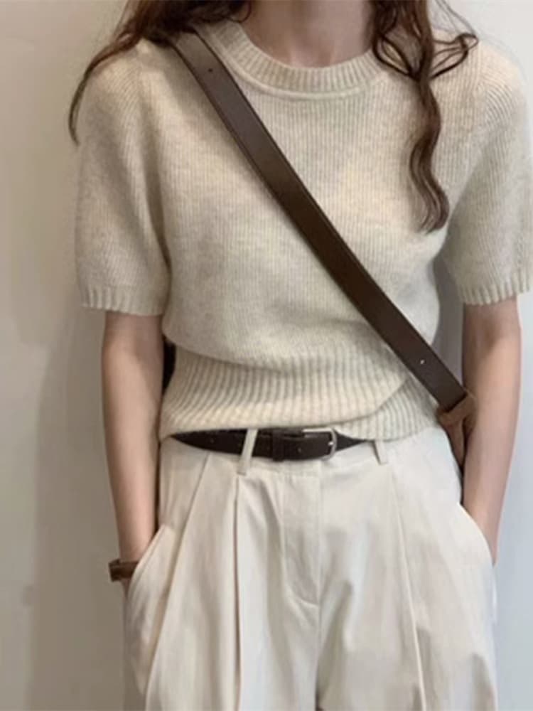 骨格ストレートラウンドネック半袖ニットトップス