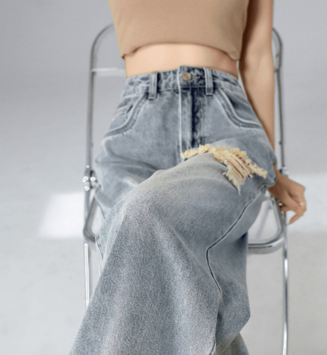 骨格ストレートダメージデニムワイドパンツ