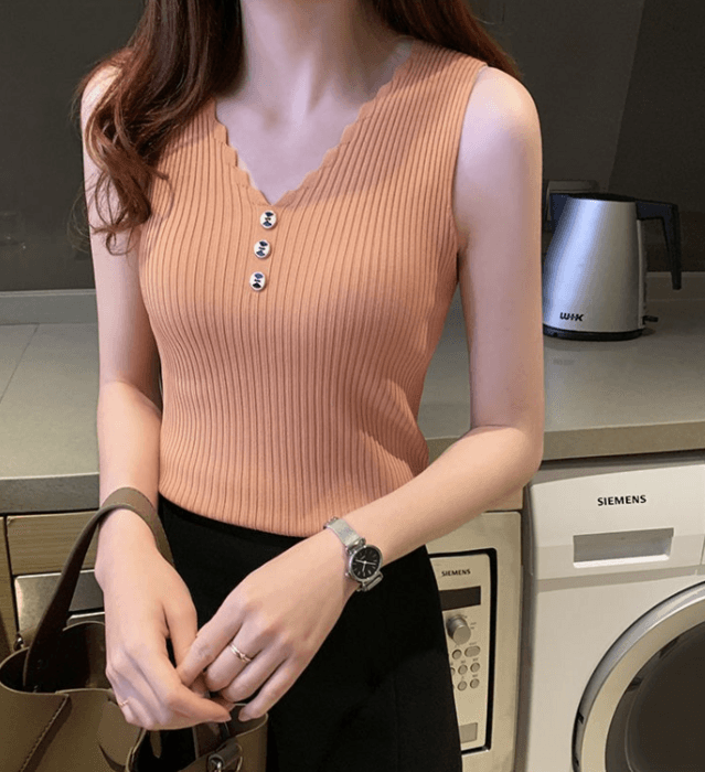 骨格ストレートノースリーブVネックリブニットトップス