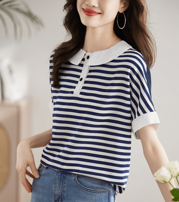 骨格ストレート襟付きボーダーTシャツトップス