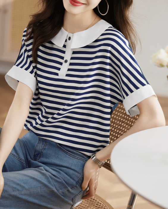骨格ストレート襟付きボーダーTシャツトップス
