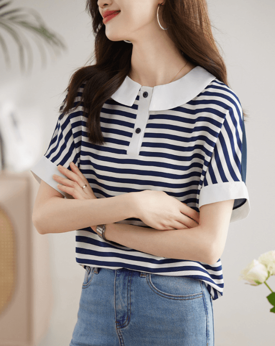 骨格ストレート襟付きボーダーTシャツトップス