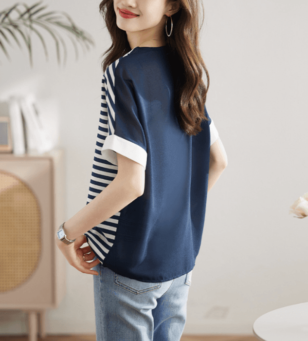 骨格ストレート襟付きボーダーTシャツトップス