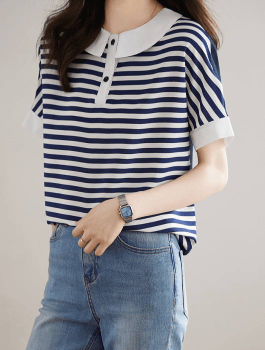 骨格ストレート襟付きボーダーTシャツトップス