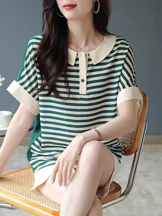 骨格ストレート襟付きボーダーTシャツトップス