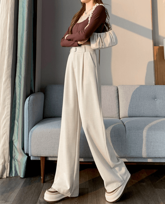 骨格ストレートウエストベルトスラックスワイドパンツ