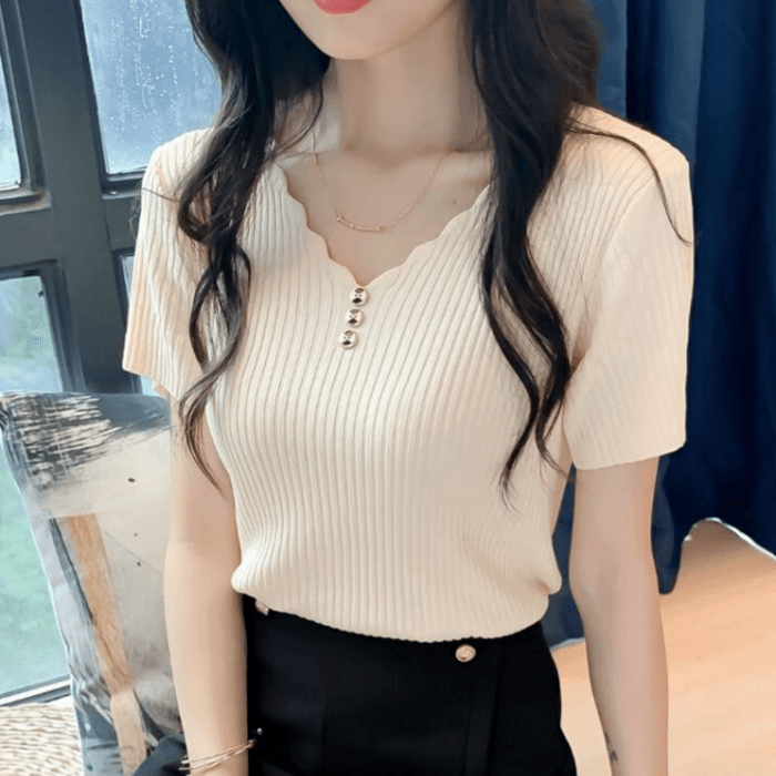 骨格ストレート半袖Vネックリブニットトップス